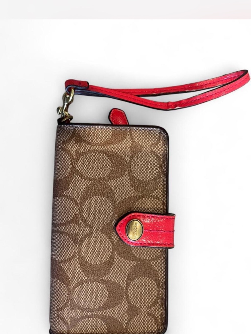 Coach Brown Signature Canvas Wristlet wallet with Red Strap